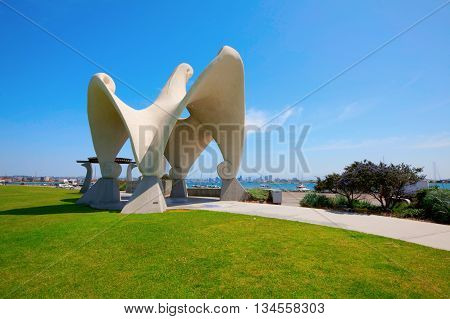 A sculpture by James Hubbell at Shelter Island San Diego CA