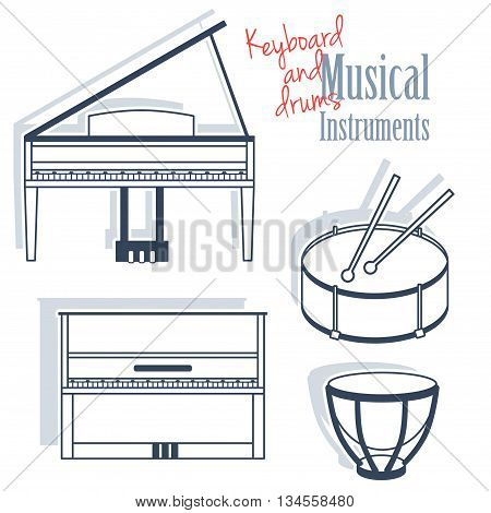 A set of keyboards and percussion instruments. Musical Instruments in flat monochrome style isolated on white background. Royal piano drums and kettle-drum.