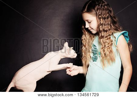 Meet the Cat. Cild Girl and Pet