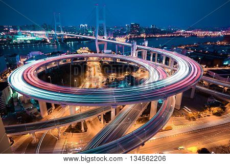 Bird View At Asia's Largest Across The Rivers In A Spiral Bridge At Night
