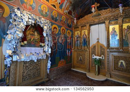 CRETE RETHYMNO - AUGUST 09: Interior of Greek Orthodox church in Rethymno Crete Greece on 09 August 2014. Rethymno is the third largest city in Crete and the capital of regional unit.