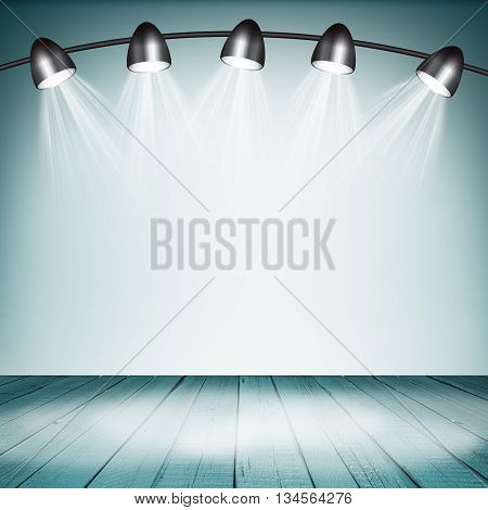 Illuminated empty blue concert stage with soffits. 3D illustration