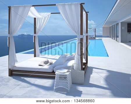 A luxury swimming pool in santorini. 3d rendering