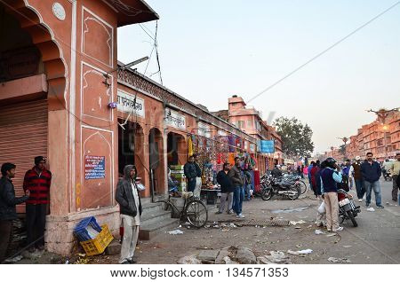 Jaipur India - December 29 2014: People visit Streets of Indra Bazar in Jaipur Rajasthan in India as seen on December 29 2014. Jaipur known as the Pink City is a major tourist destination in India.