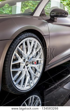 TURIN, ITALY - JUNE 12, 2016: the front wheel of a Audi R8 Spyder V10. Torino, Italy, Europe.