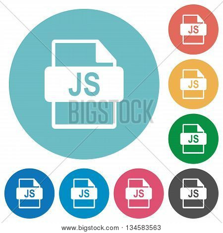 Flat JS file format icon set on round color background.