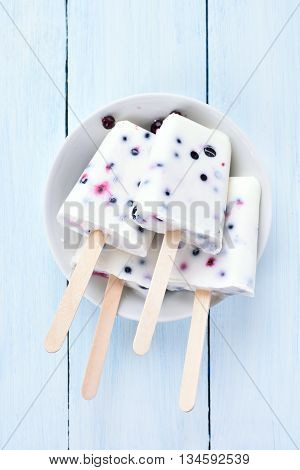 Popsicles from frozen yogurt blueberry and blackcurrant top view