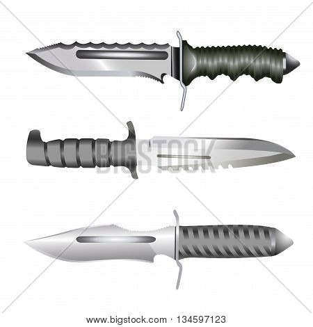 Three combat knife on a white background. Colored vector illustration.