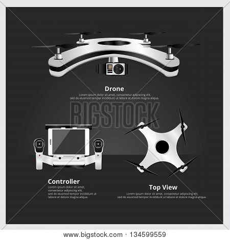 Drone Front and Top View with controller and camera Vector Illustration