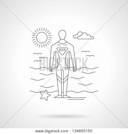 Seascape with sunny sky and diver in water protective wear. Diving and surfing waterproof suit, sport clothing. Detailed flat line vector illustration.