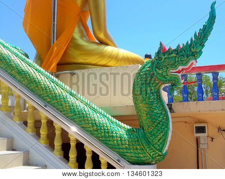 Thai guardian Naga serpent staircase, Buddhist temple on hill, south end of Samila Beach, Songkhla, Thailand