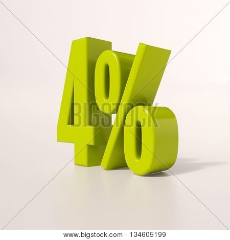 3d render: green 4 percent, percentage discount sign on white, 4%