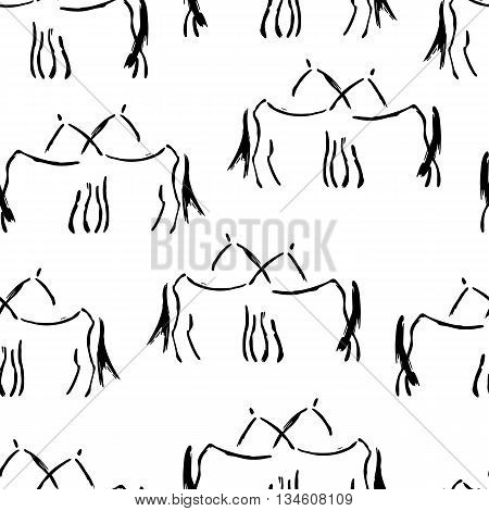 Seamless pattern with freehand horses. Vector illustration. A couple of horses calmly standing together. Stylized ink animal