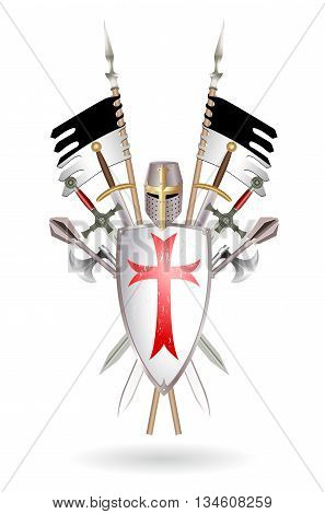 Outfit Templar: shield sword two-handed sword ax mace helmet standard. Colored vector illustration made in the form of a coat of arms on white.