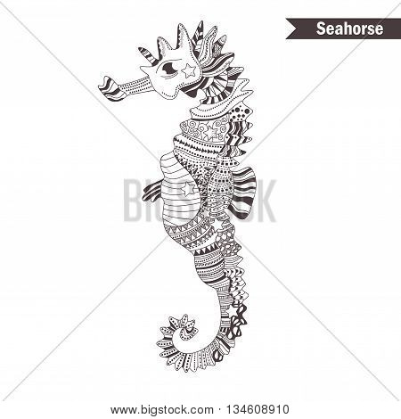 Seahorse. Hand drawn vector isolated illustration on white background. oloring book for adult, antistress coloring pages.
