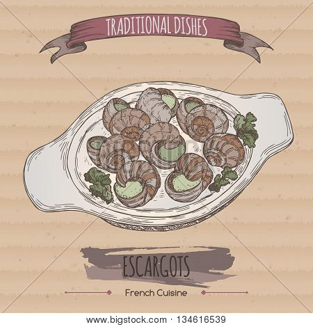 Color escargots dish sketch placed on cardboard background. French cuisine. Traditional dishes series. Great for restaurant, cafe, menu, recipe books, food label design.
