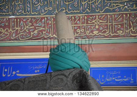 KONYA/TURKEY-June 7, 2016: Mevlana's Tomb and turban at the Mevlana Museum of Konya. June 7, 2016-Konya/Turkey