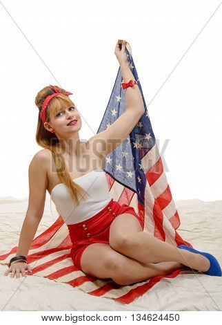 a sexy pin up girl with an American Flag