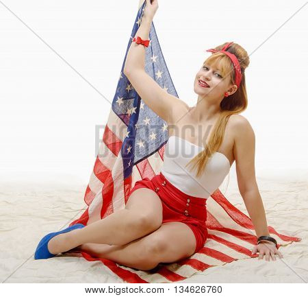 a sexy pin up girl with an American Flag