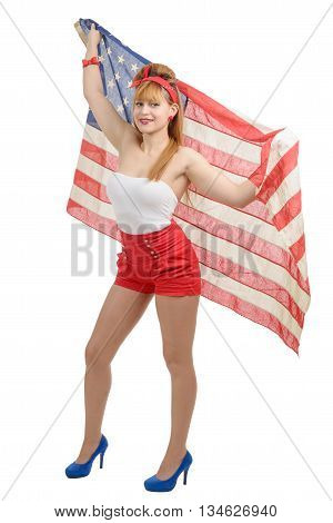 a sexy pin up girl isolated holding an American Flag