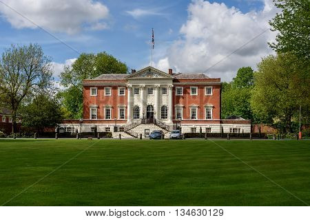 The Warrington town hall designed by architect James Gibbs is located in Warrington England.