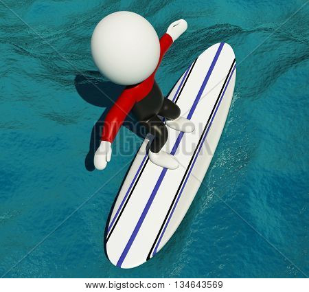 3d renderer image. White people surfing on surfboard and wearing equipment. Sport concept.