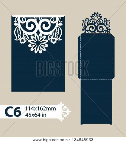 Layout congratulatory envelope with carved openwork pattern. Template is suitable for greeting cards invitations etc. Picture suitable for laser cutting plotter cutting or printing. Vector