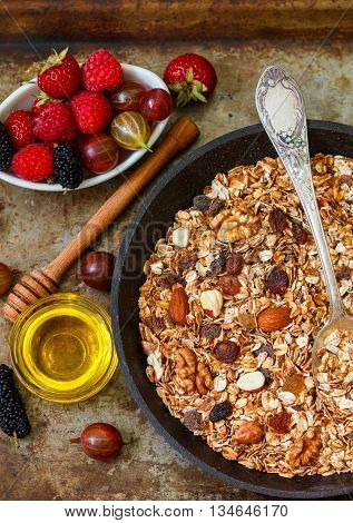 Homemade granola with raisins walnuts almonds and hazelnuts. Muesli and honey . Fresh berries - raspberry strawberry gooseberry mulberry. Healthy Breakfast