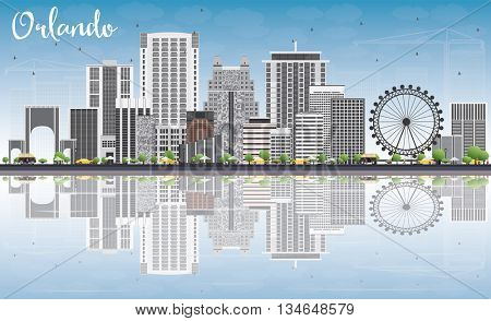 Orlando Skyline with Gray Buildings, Blue Sky and Reflections. Vector Illustration. Business Travel and Tourism Concept with Orlando City.