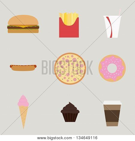 Fast Food set hamburger french fries soda hotdog pizza donut ice cream muffin coffee cup.