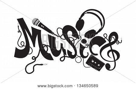 Stylish Font composition on a musical theme, created in the minimal style, doodles black and white colors