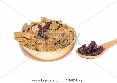 raisin cereal in wood bowl on white background
