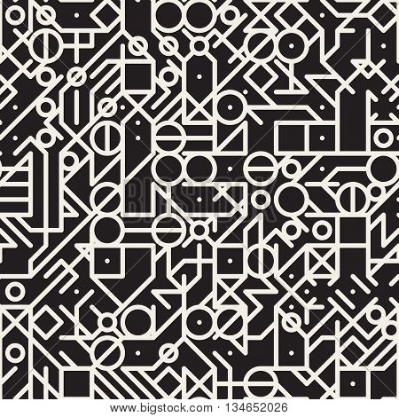Vector Seamless Black And White Irregular Lines Techno Grid Pattern