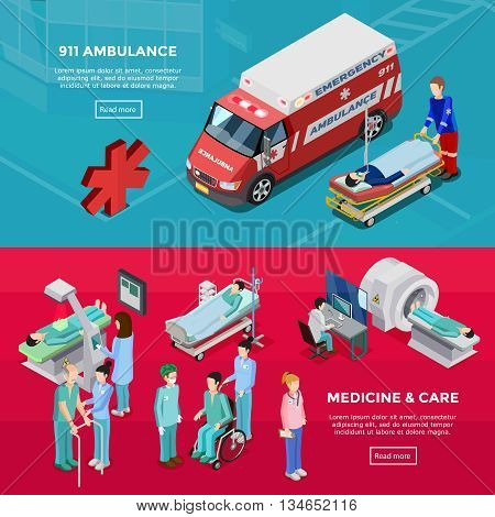 Two isometric hospital horizontal banners with medical staff diagnostic equipment ambulance car feldsher and gurney with patient flat vector illustration