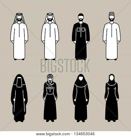 Traditionally clothed muslim arab man and woman silhouette icon set, vector illustration