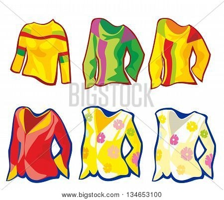 Set clothes for women. Vector flat illustration. For label washing powder colored fabrics