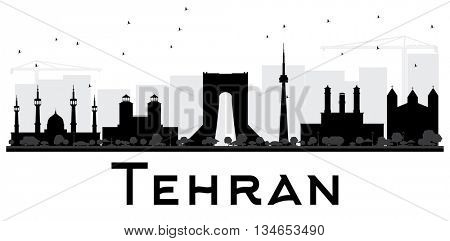 Tehran City skyline black and white silhouette. Vector illustration. Simple flat concept for tourism presentation, banner, placard or web site. Business travel concept. Cityscape with landmarks