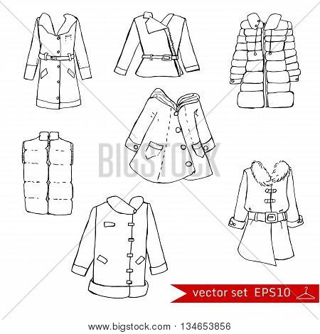 Fashion set. Various jackets and overcoats. Illustration in hand drawing style.