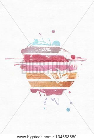 Large raster grainy illustration template made of gradient red purple and yellow stripe on splash circle shape. Hand drawn with watercolor abstract background good for print presentations design
