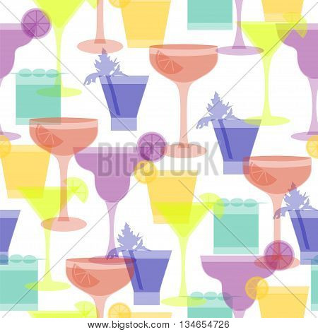 Cocktail silhouettes seamless pattern. Vector illustration with different glasses and drinks for beverage menu, party ad, club lounge,textile, fabric