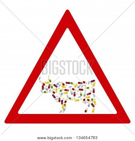 Cow by drug pills in traffic forbidden sign concept. Vector illustration for antibiotic resistance modern pharmacology in cattle breeding excessive medication of domestic animals