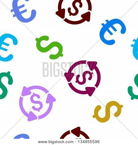 Money Circulation vector seamless repeatable pattern. Style is flat money circulation and dollar symbols on a white background.