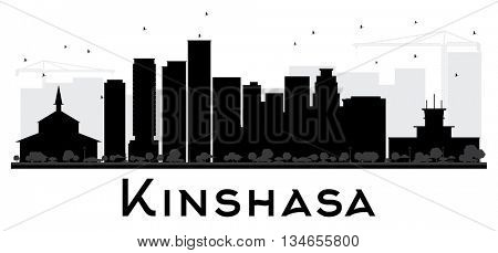 Kinshasa City skyline black and white silhouette. Vector illustration. Simple flat concept for tourism presentation, banner, placard or web site. Business travel concept. Cityscape with landmarks