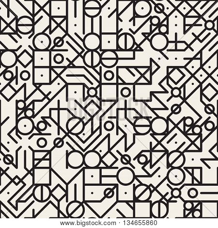 Vector Seamless Black And White Irregular Lines Techno Grid Pattern