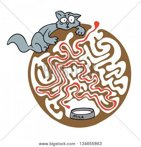 Maze puzzle for kids with cat and milk. Labyrinth illustration, solution included.