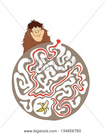 Maze puzzle for kids with monkey and banana. Labyrinth illustration, solution included.