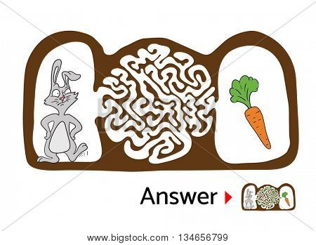 Maze puzzle for kids with rabbit and carrot. Labyrinth illustration, solution included.