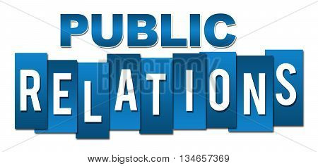 Public relations text written over blue background.