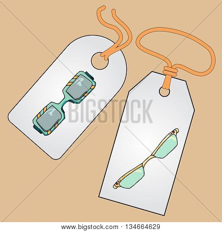 Label, badge, price tag with the image of fashionable things.Fashion set of glases and sunglasses. Illustration in hand drawing style.
