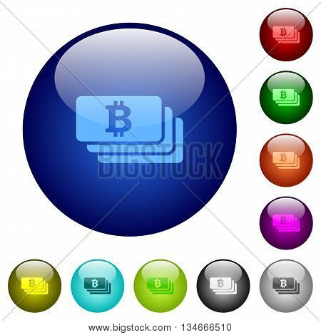 Set of color bitcoin banknotes glass web buttons.